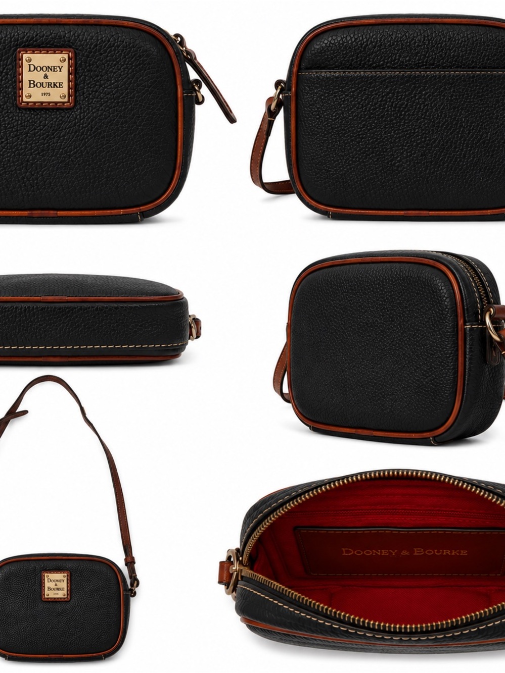 Dooney & Bourke Black Pebble Leather Crossbody with Brown Trim and Red Interior